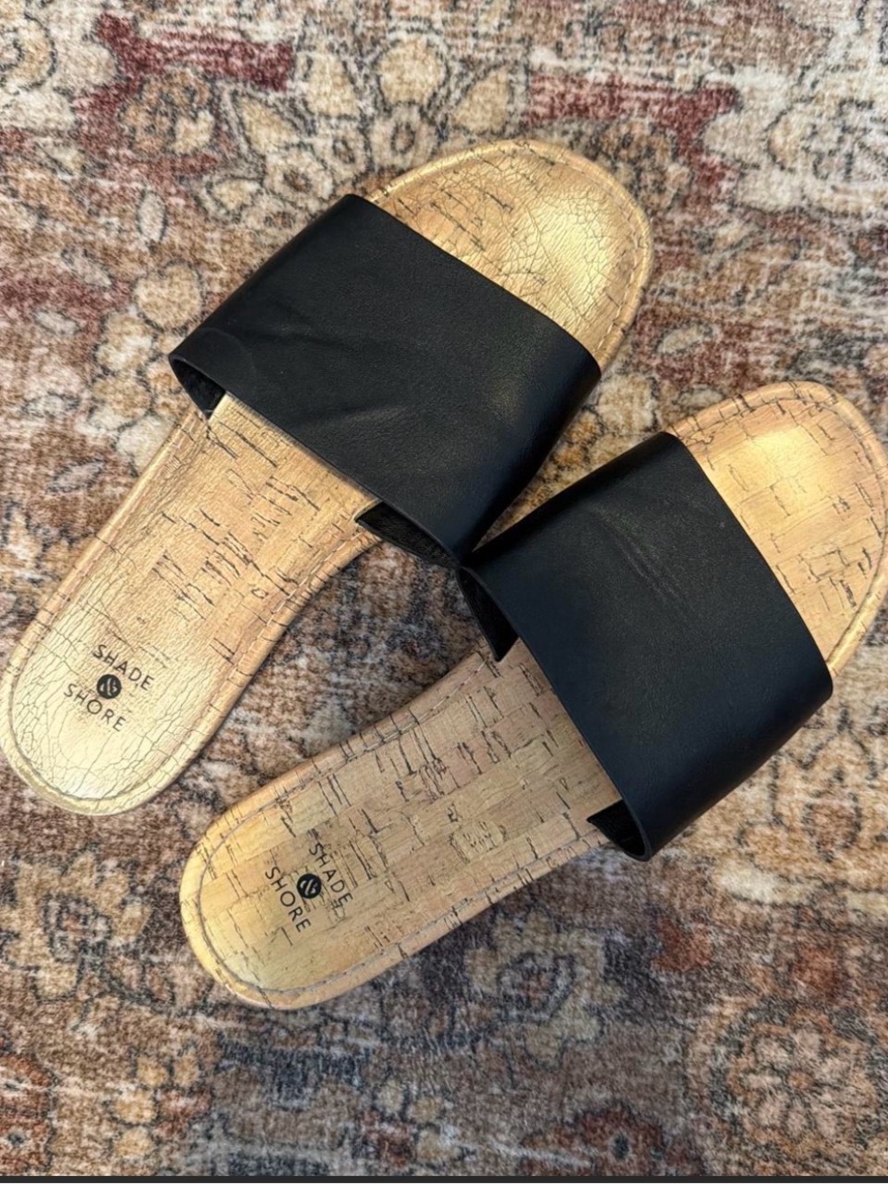 Shade & Shore Black Slide Sandals with Cork-Textured Footbed